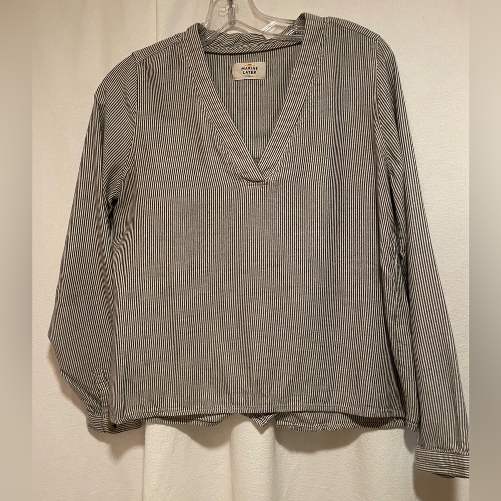 Marine Layer Striped V-Neck Long Sleeve Rayon/cotton Tunic - Gray/White